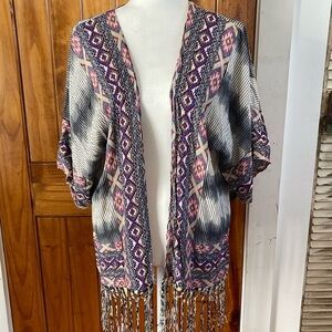 Umgee Tribal Aztec Print Striped Lightweight Fringe Open Kimono Small Pink Blue